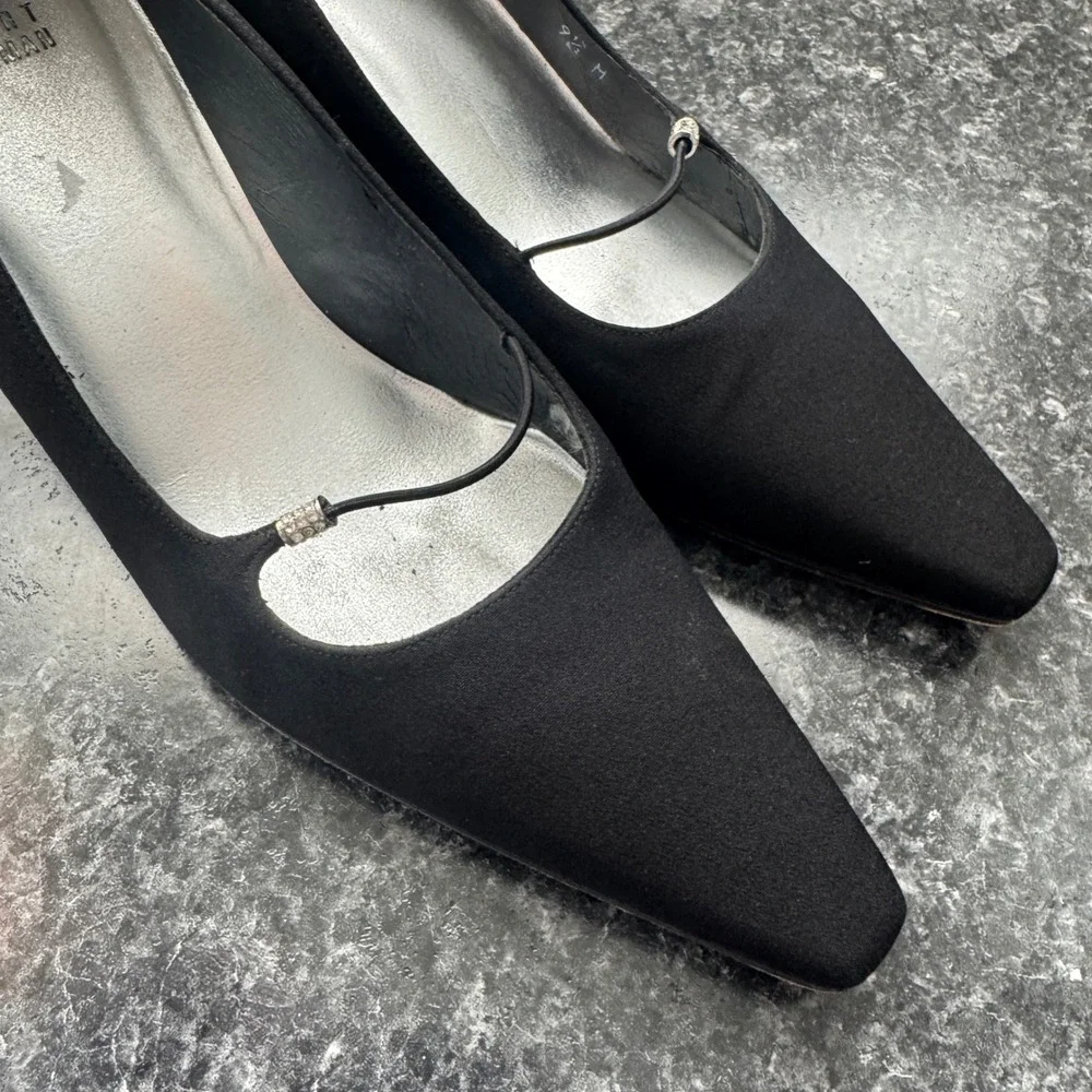 Vintage Stuart Weitzman Black Satin Crystal Strap Pointed Toe Kitten Heel 9.5 M